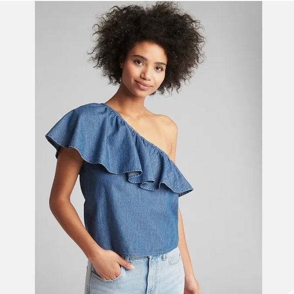 Gap One-Shoulder Blue denim Ruffle Top (Medium Wash) Size X-Small - Picture 4 of 7